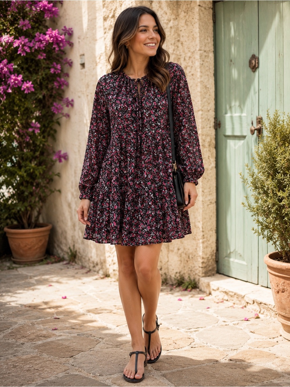 Zara Black Floral Mini Dress with Pink Accent